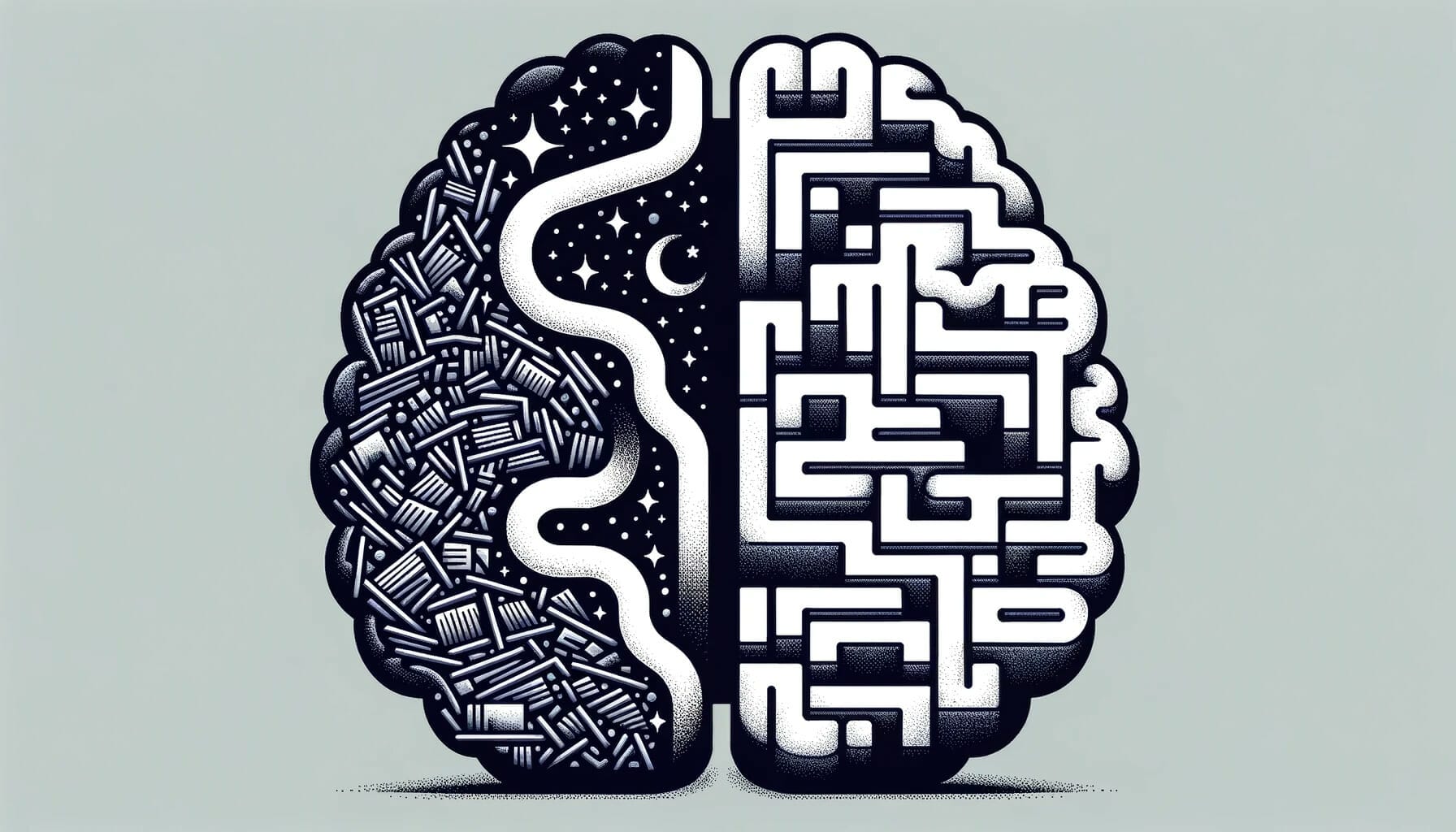 A black and white illustration of a brain overcoming a maze.