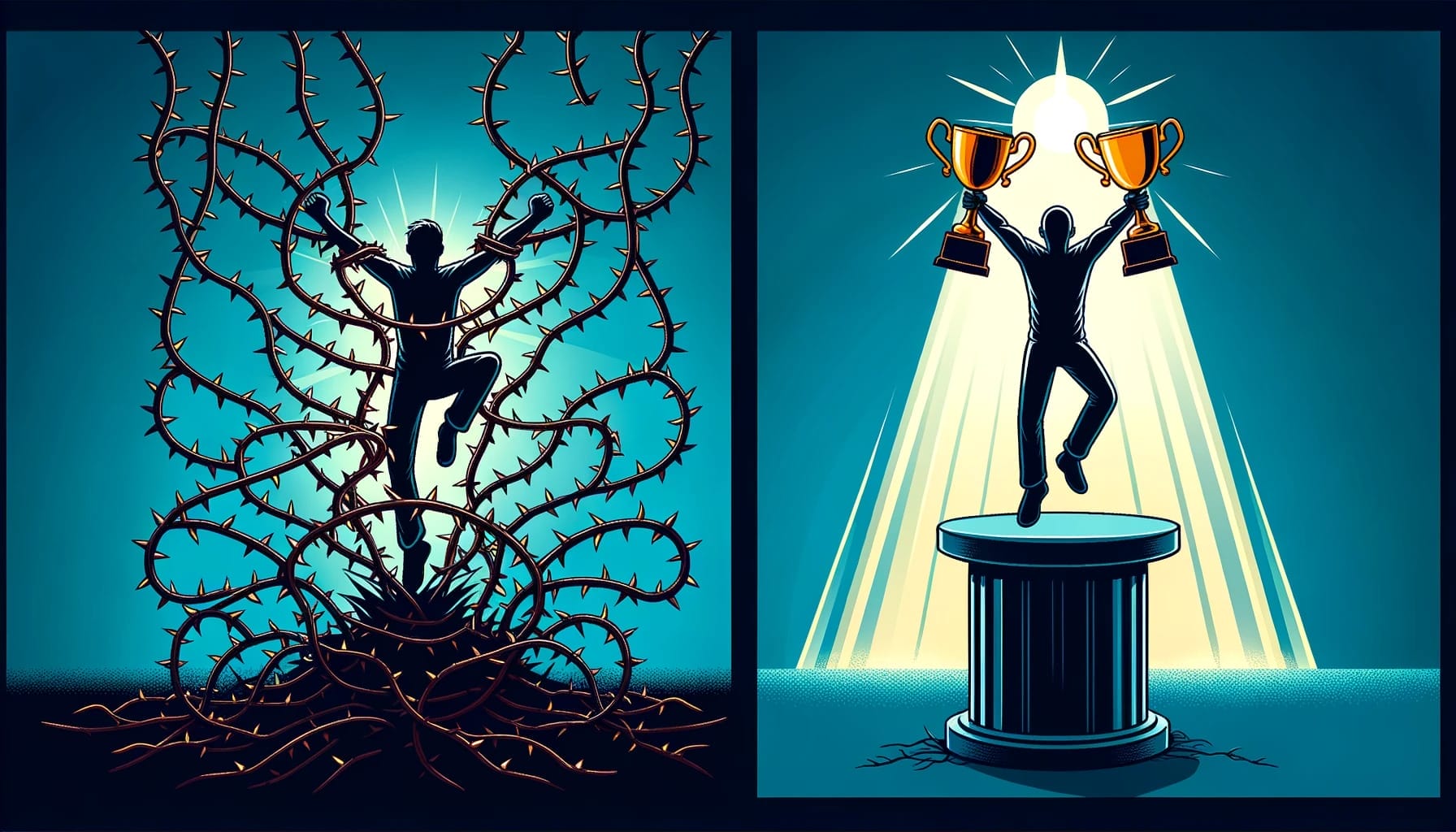 Two posters with a man holding a trophy and a barbed wire.