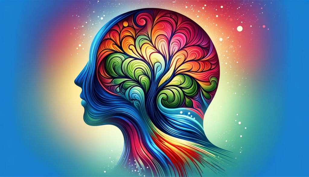 A woman's head with a colorful tree in the background.