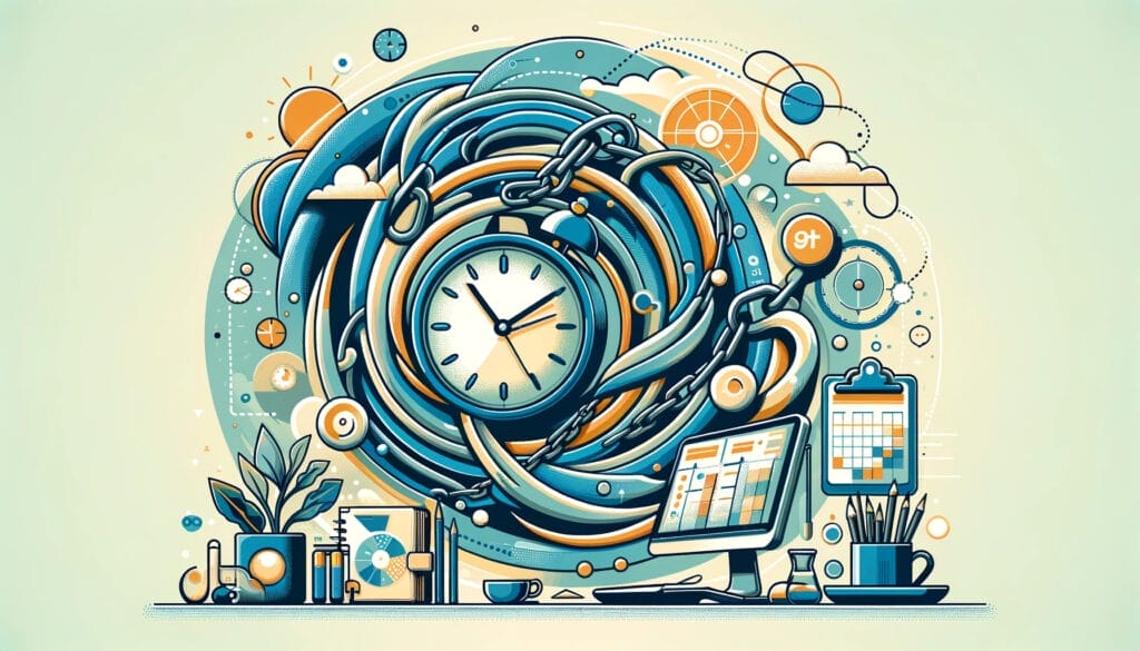 An illustration of a clock surrounded by various objects.