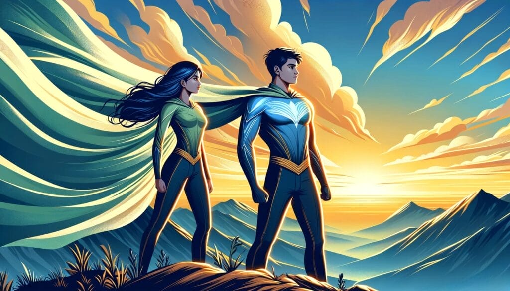 Two superheroes standing on top of a mountain.